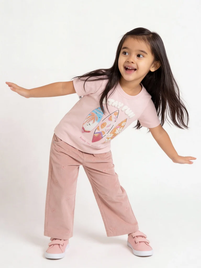 HOP Kids Girls Pink Surfboard-Inspired Cotton T-Shirt