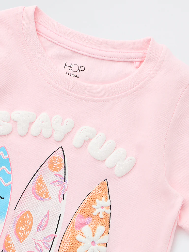 HOP Kids Girls Pink Surfboard-Inspired Cotton T-Shirt - Image 6