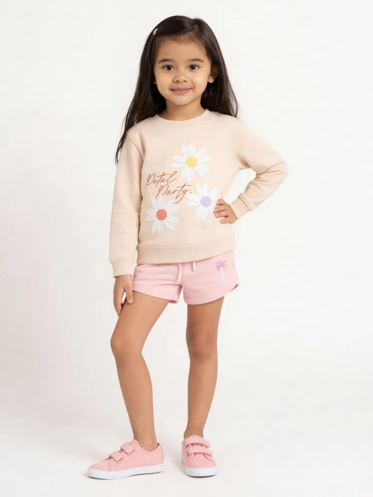 HOP Kids Girls Pink Tropical-Inspired High-Rise Cotton Shorts
