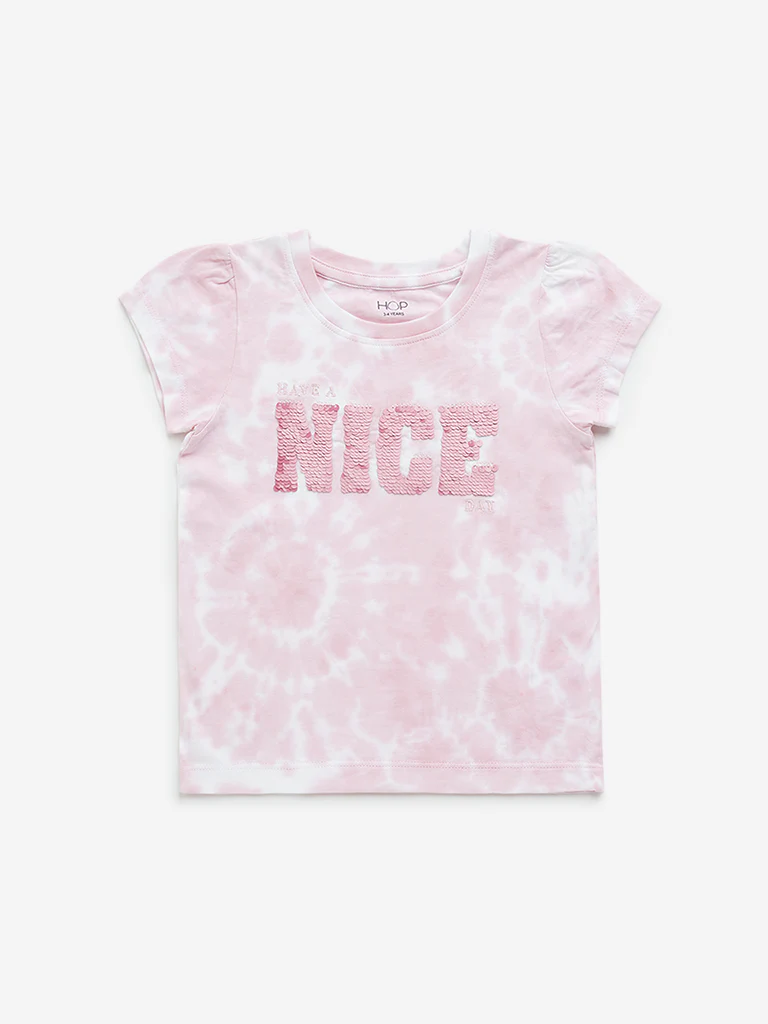 HOP Kids Girls Pink Typographic Tie-Dye Printed Cotton T-Shirt