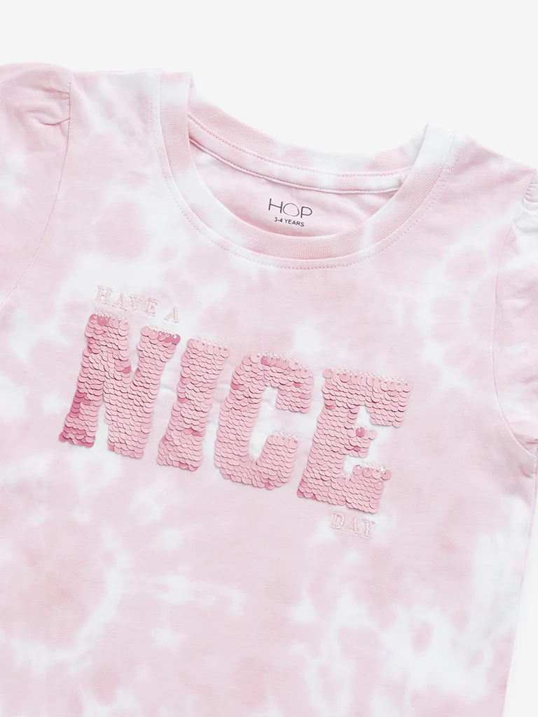 HOP Kids Girls Pink Typographic Tie-Dye Printed Cotton T-Shirt - Image 4