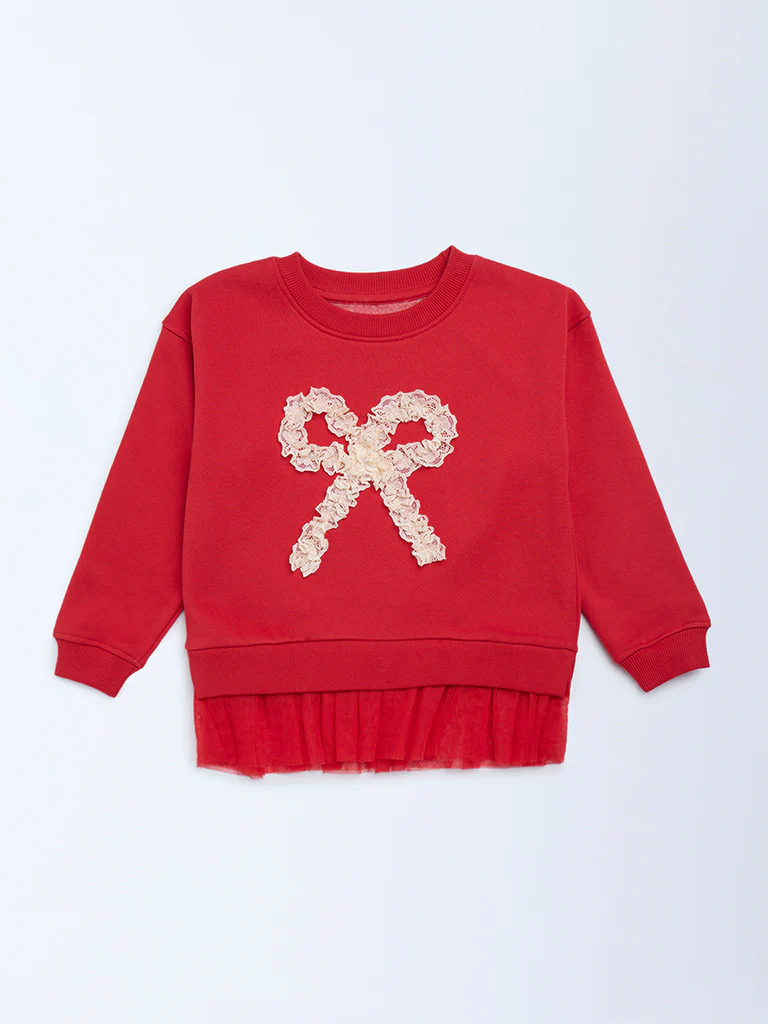 HOP Kids Girls Red Bow Design Cotton-Blend Sweatshirt - Image 2