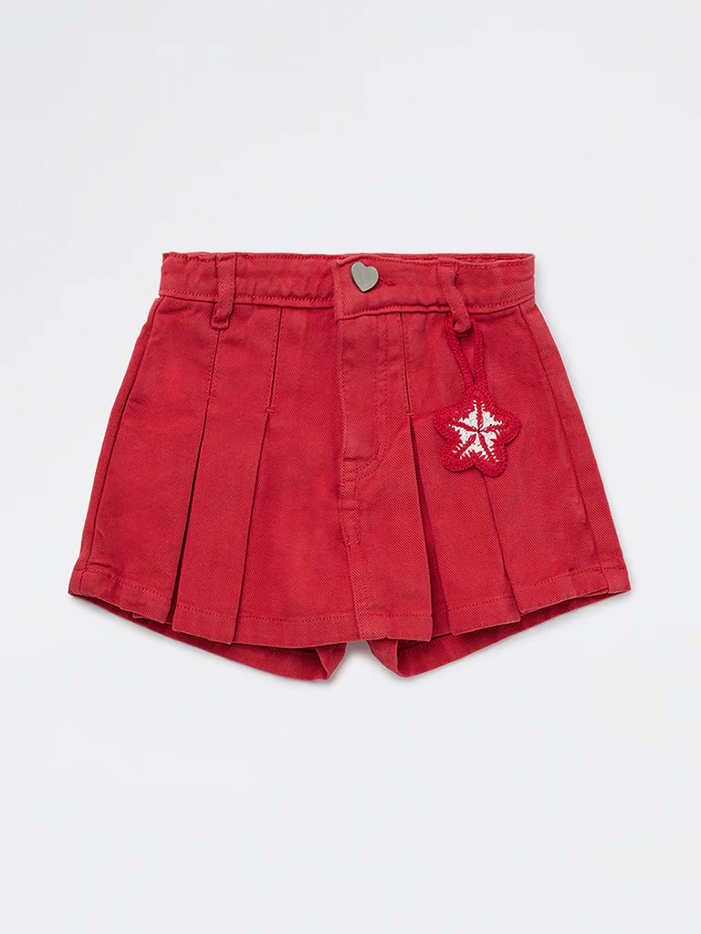 HOP Kids Girls Red Box Pleated High-Rise Denim Skorts - Image 3