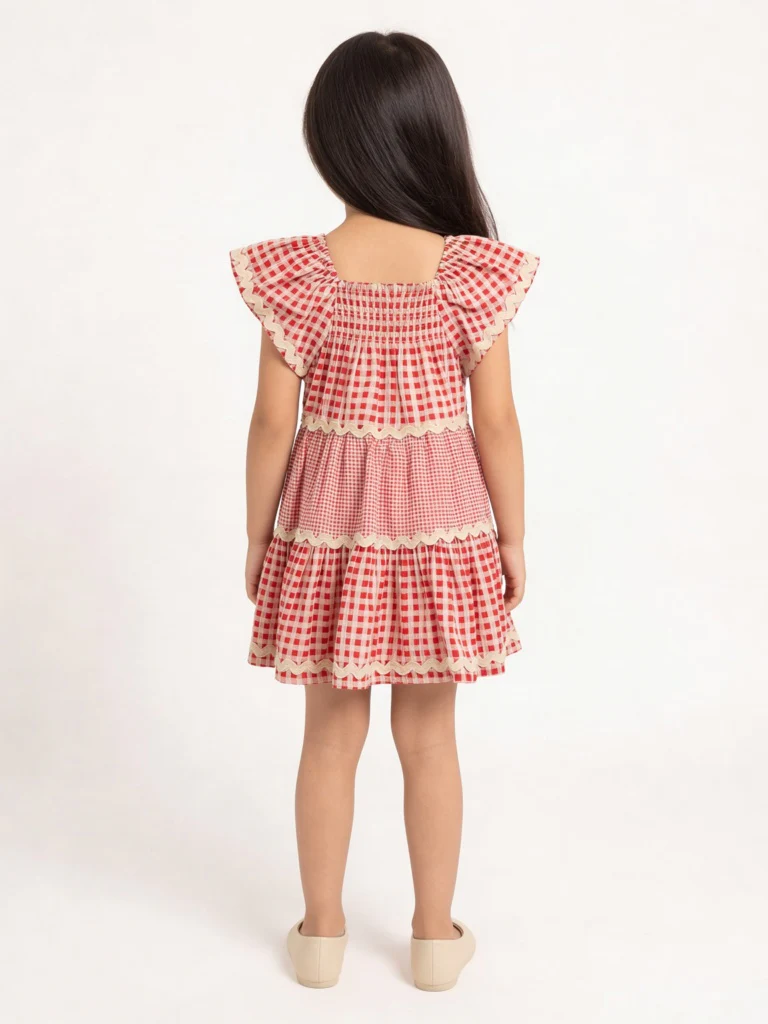 HOP Kids Girls Red Checkered Tiered Cotton Dress - Image 2