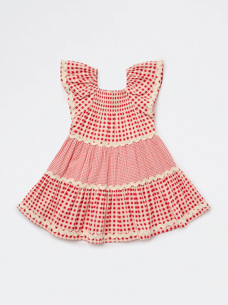 HOP Kids Girls Red Checkered Tiered Cotton Dress - Image 3