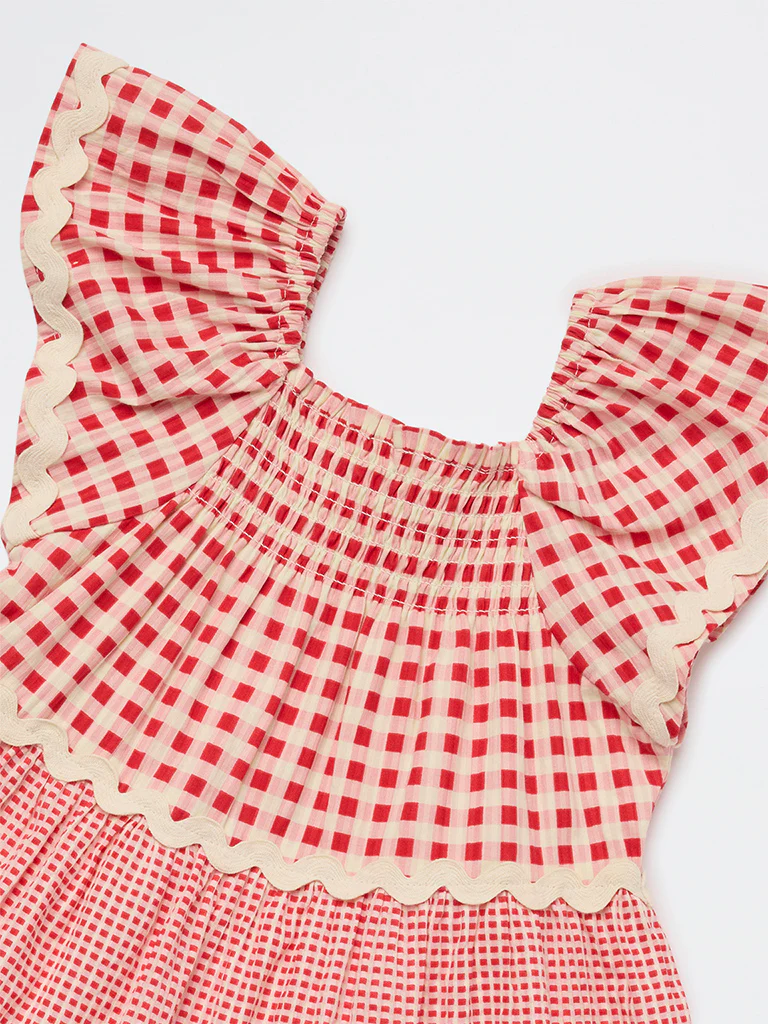 HOP Kids Girls Red Checkered Tiered Cotton Dress - Image 5