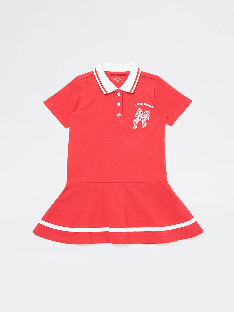 HOP Kids Girls Red Cotton Polo Dress - Image 3