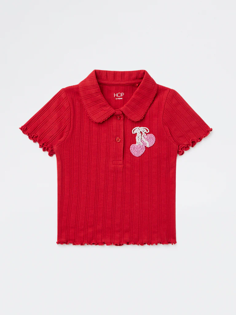 HOP Kids Girls Red Embellished Cotton-Blend Top - Image 3