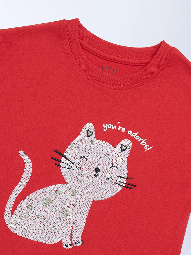 HOP Kids Girls Red Embellished Cotton T-Shirt - Image 6