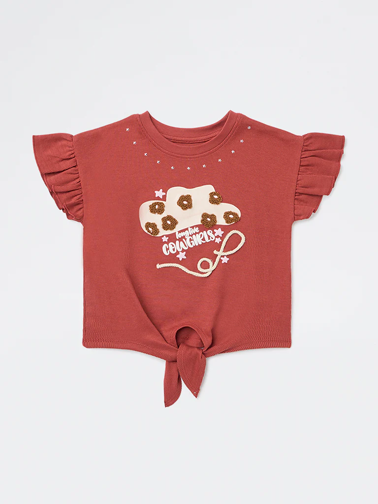 HOP Kids Girls Red Embroidered Cotton Top - Image 3