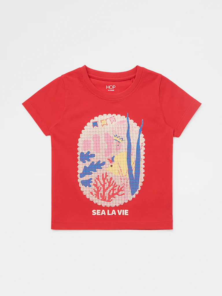HOP Kids Girls Red Graphic Design Cotton T-Shirt - Image 4