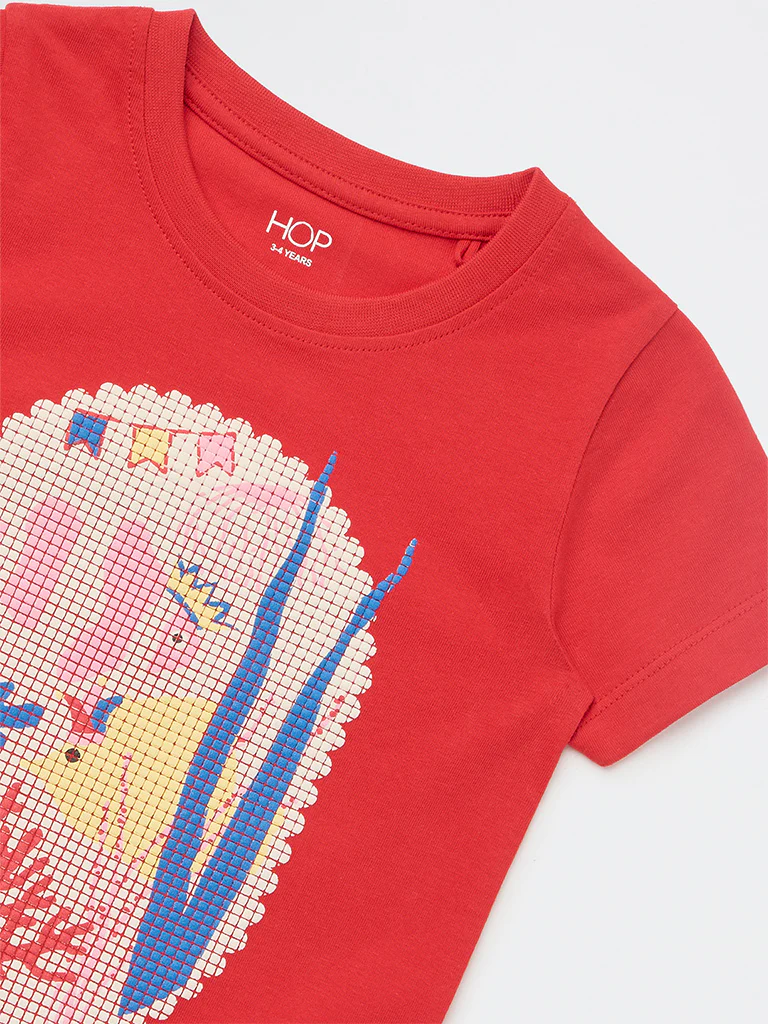 HOP Kids Girls Red Graphic Design Cotton T-Shirt - Image 6