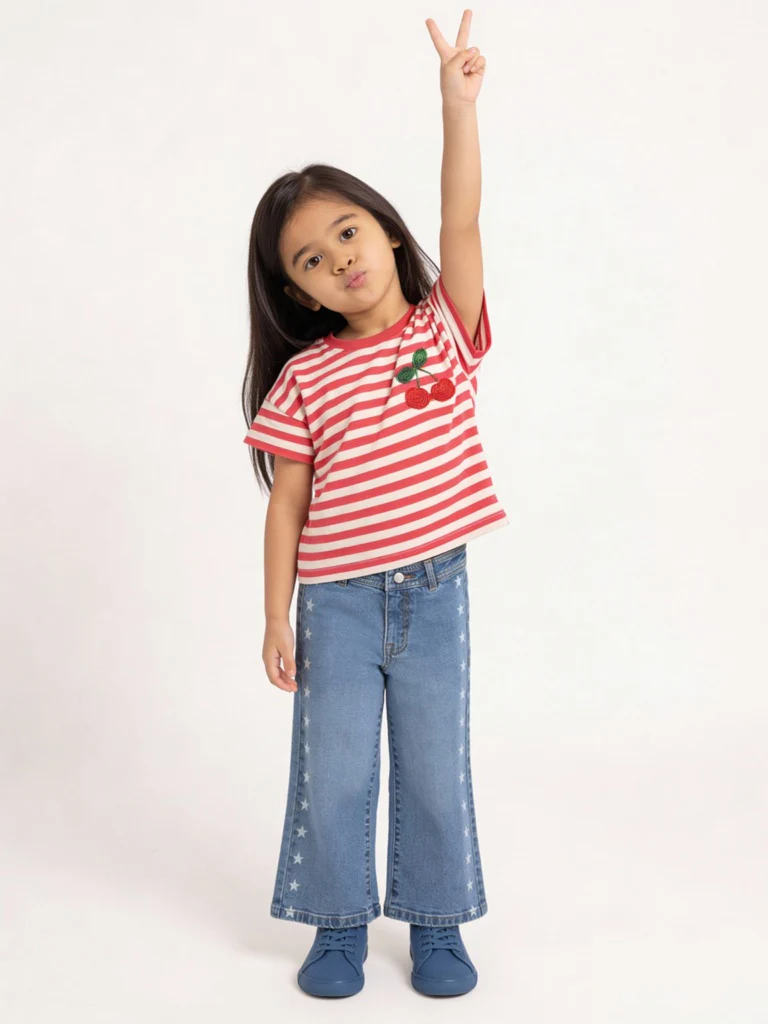 HOP Kids Girls Red Stripe Printed Cotton T-Shirt
