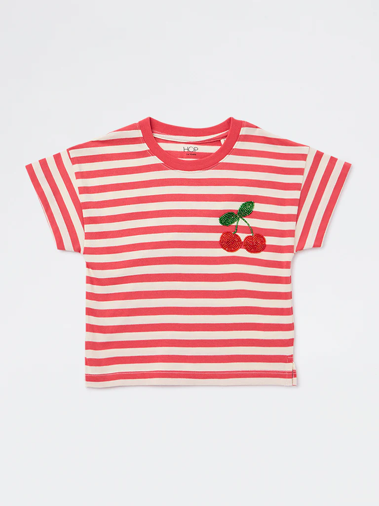HOP Kids Girls Red Stripe Printed Cotton T-Shirt - Image 4
