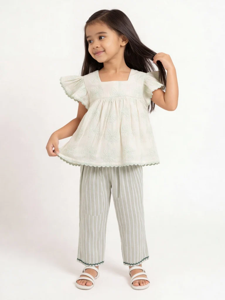 HOP Kids Girls Sage Embroidered A-Line Cotton Top