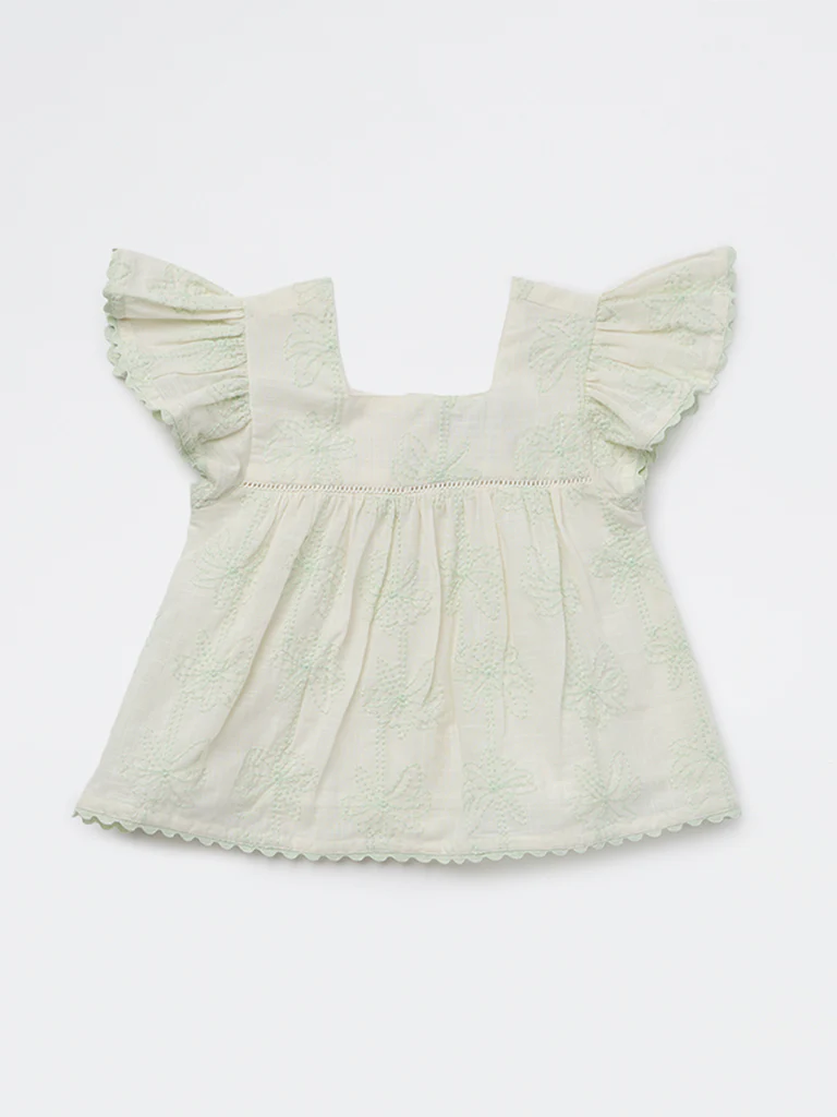 HOP Kids Girls Sage Embroidered A-Line Cotton Top - Image 3
