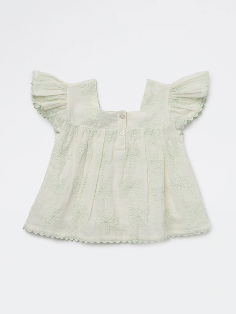 HOP Kids Girls Sage Embroidered A-Line Cotton Top - Image 4