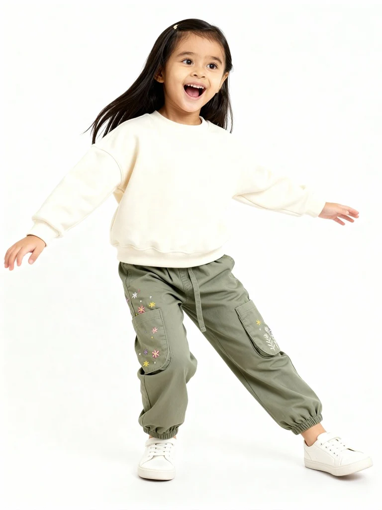 HOP Kids Girls Sage Floral Embroidered Mid-Rise Cotton Joggers