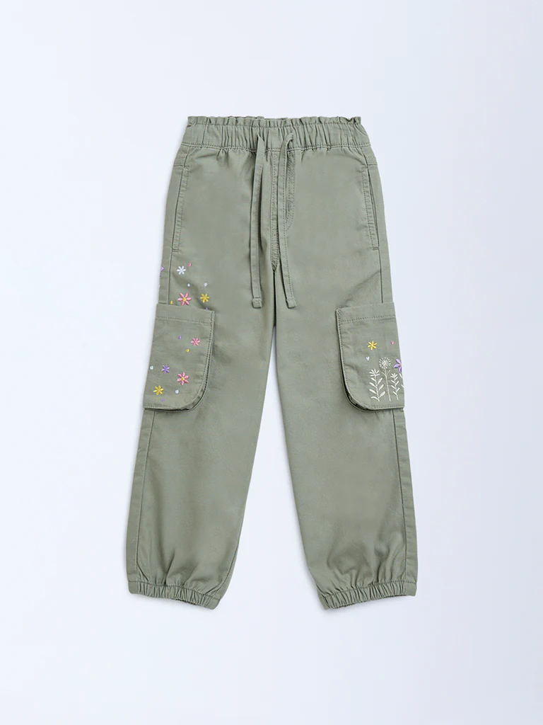 HOP Kids Girls Sage Floral Embroidered Mid-Rise Cotton Joggers - Image 3
