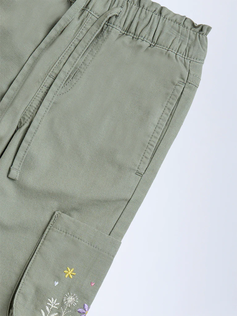 HOP Kids Girls Sage Floral Embroidered Mid-Rise Cotton Joggers - Image 5