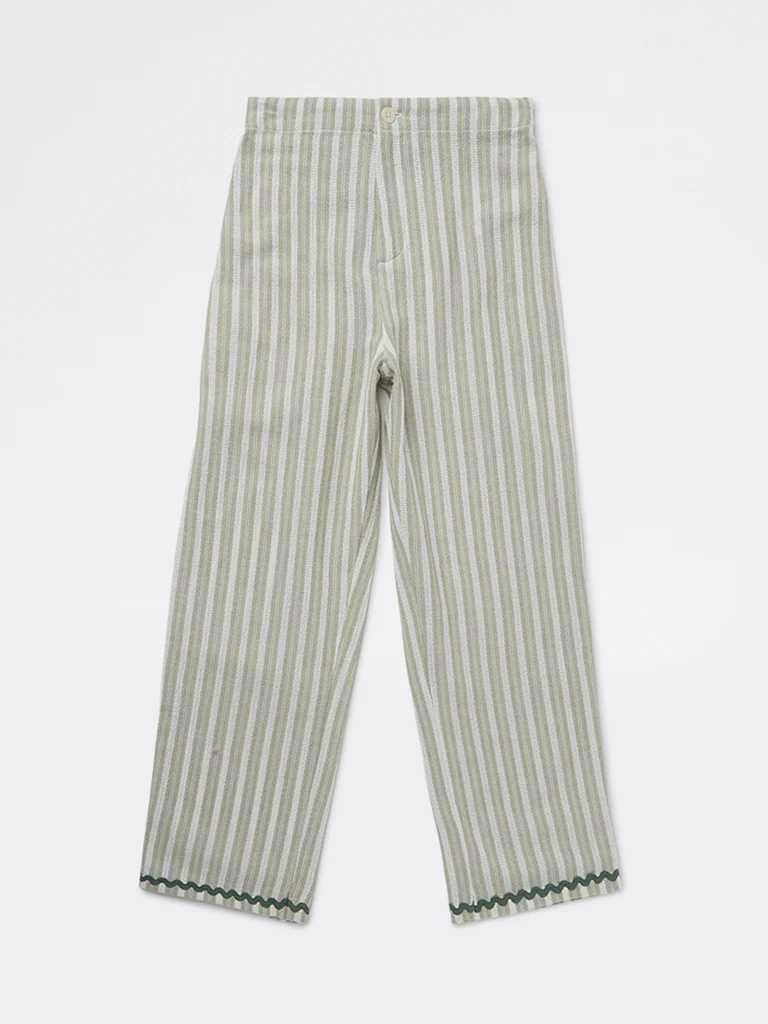 HOP Kids Girls Sage Striped High-Rise Cotton Trousers