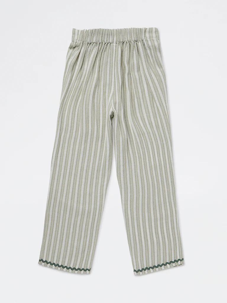 HOP Kids Girls Sage Striped High-Rise Cotton Trousers - Image 2