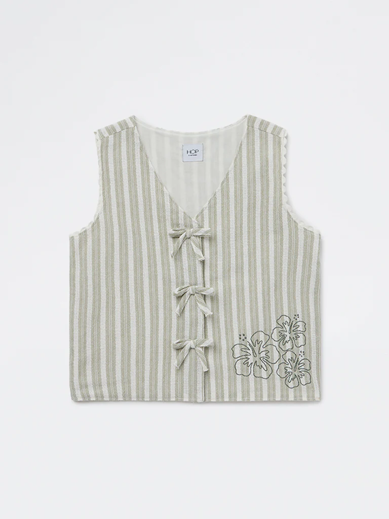 HOP Kids Girls Sage Striped Tie-Up Cotton Waistcoat