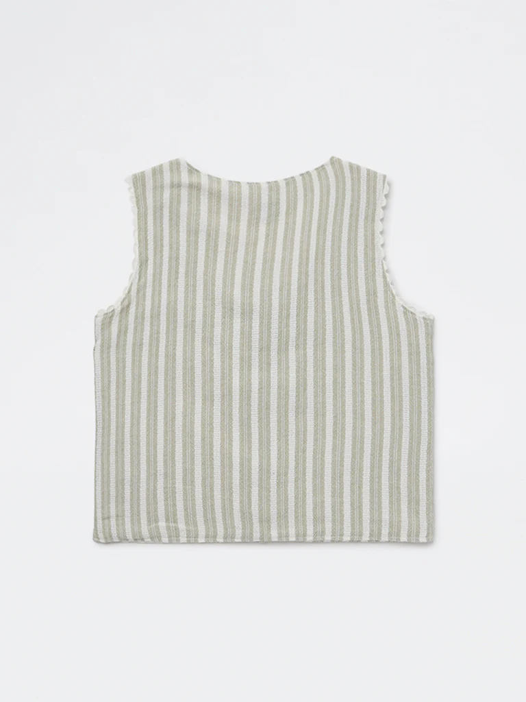 HOP Kids Girls Sage Striped Tie-Up Cotton Waistcoat - Image 2