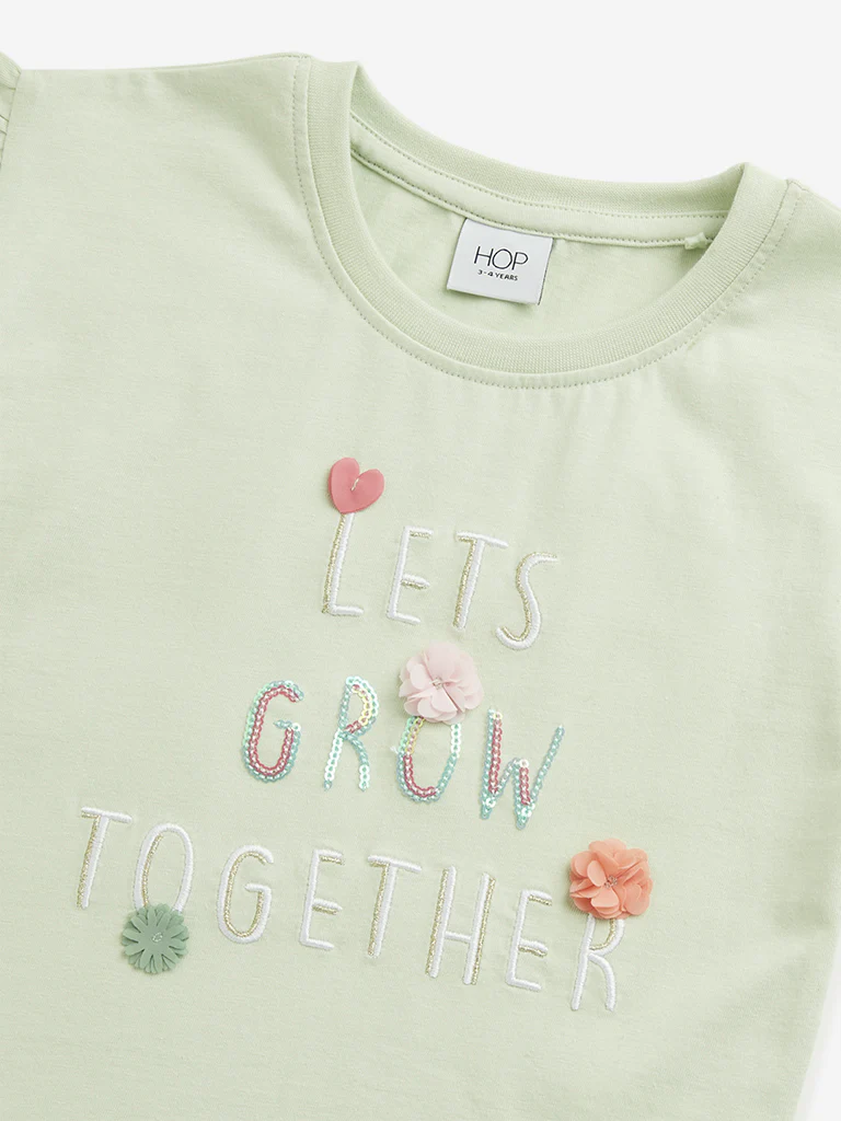 HOP Kids Girls Sage Text Design Cotton Top - Image 4