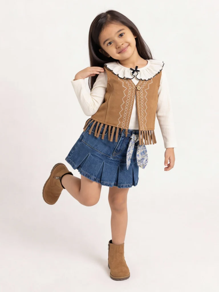 HOP Kids Girls Tan Embroidered Tassel-Detail Suede Top