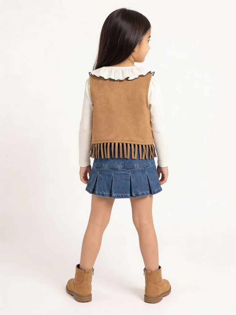 HOP Kids Girls Tan Embroidered Tassel-Detail Suede Top - Image 2