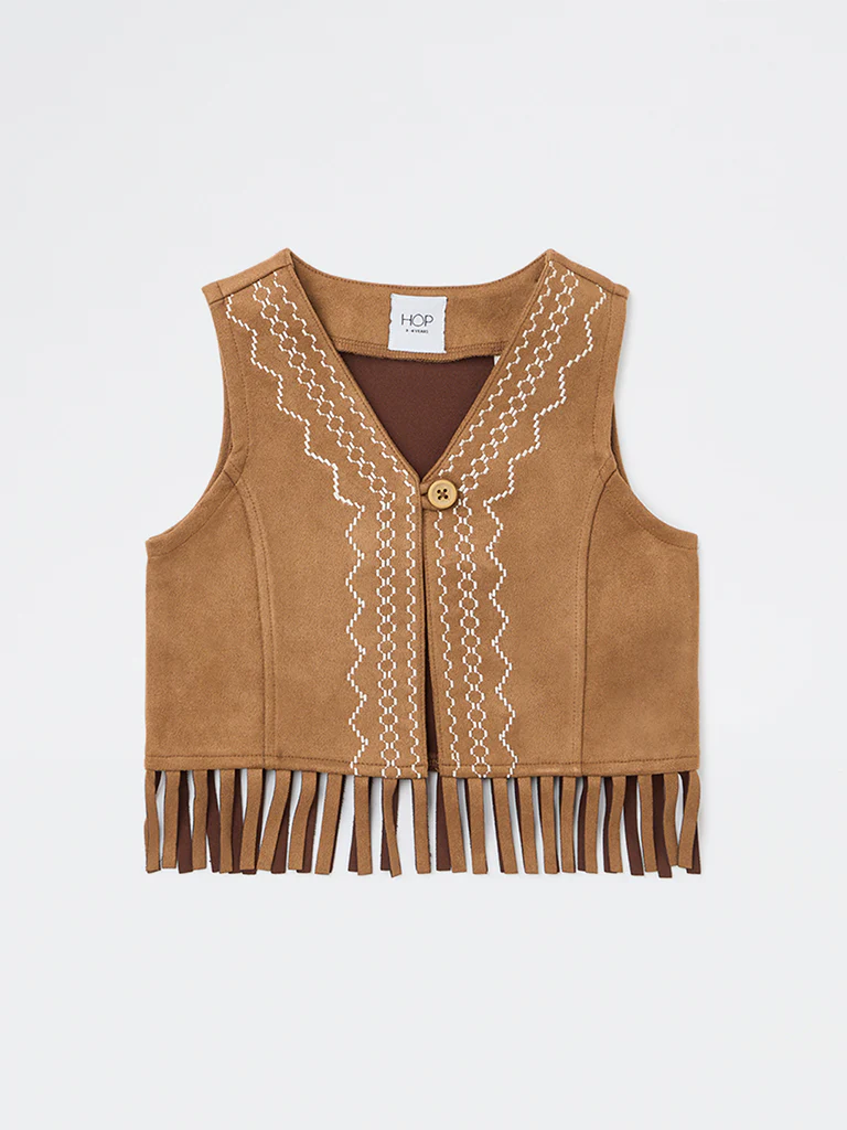 HOP Kids Girls Tan Embroidered Tassel-Detail Suede Top - Image 3