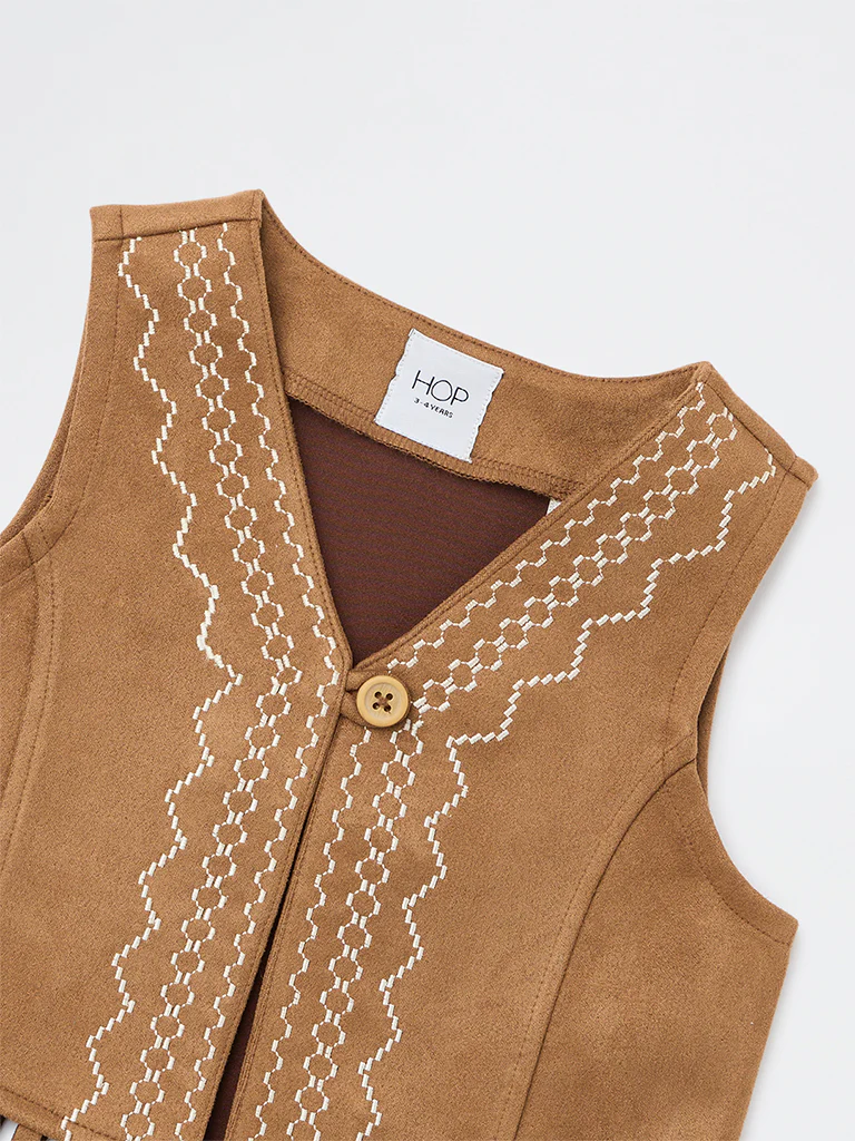 HOP Kids Girls Tan Embroidered Tassel-Detail Suede Top - Image 5