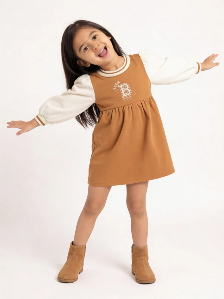 HOP Kids Girls Tan Text Design A-Line Cotton Dress