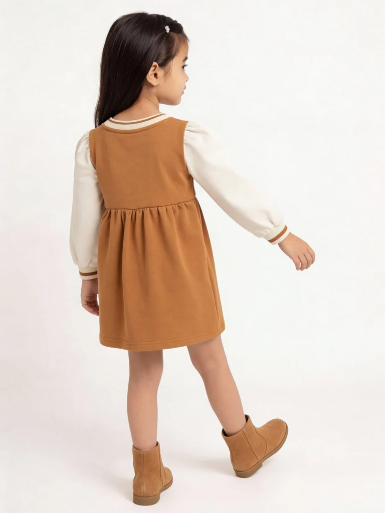HOP Kids Girls Tan Text Design A-Line Cotton Dress - Image 3