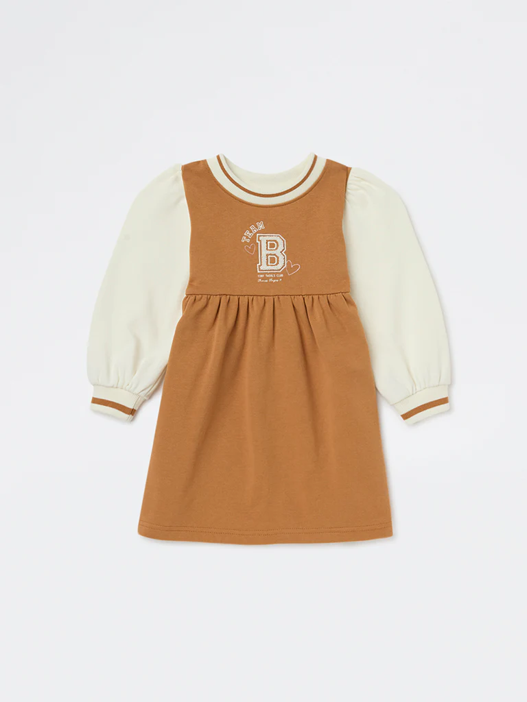 HOP Kids Girls Tan Text Design A-Line Cotton Dress - Image 4