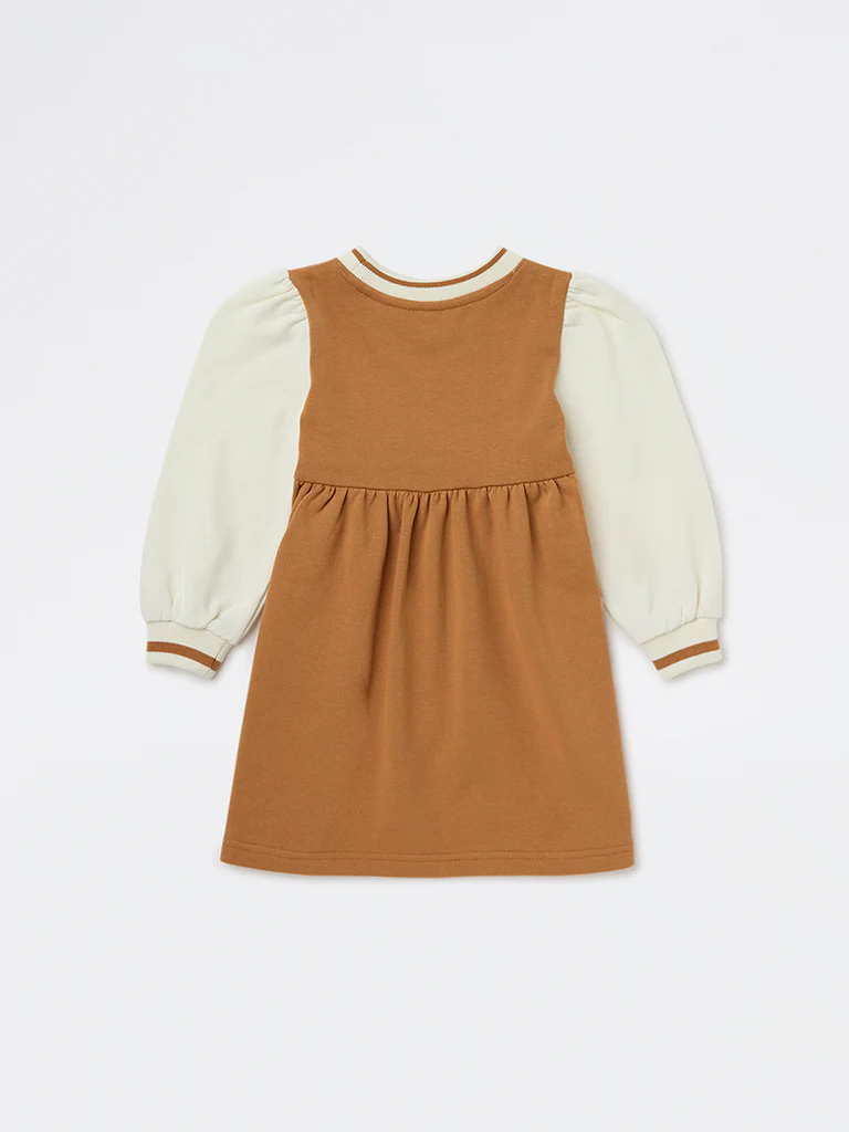 HOP Kids Girls Tan Text Design A-Line Cotton Dress - Image 5