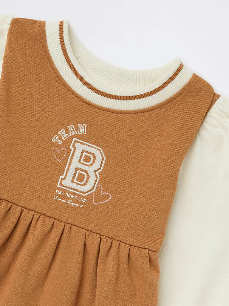HOP Kids Girls Tan Text Design A-Line Cotton Dress - Image 6
