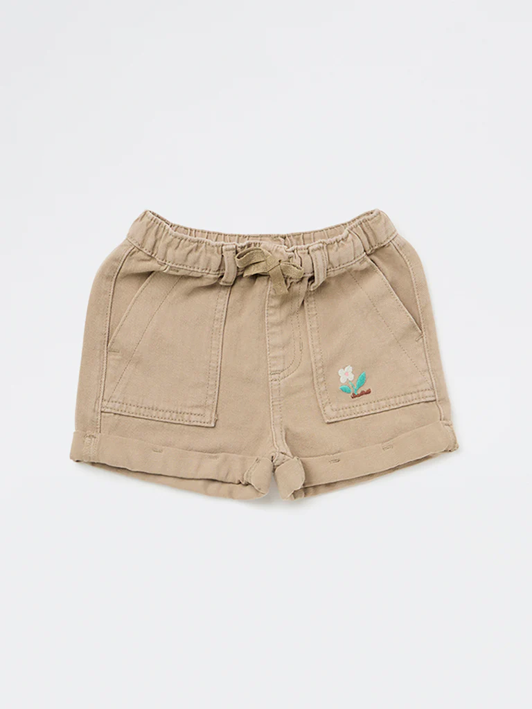 HOP Kids Girls Taupe Embroidered High-Rise Denim Shorts - Image 3