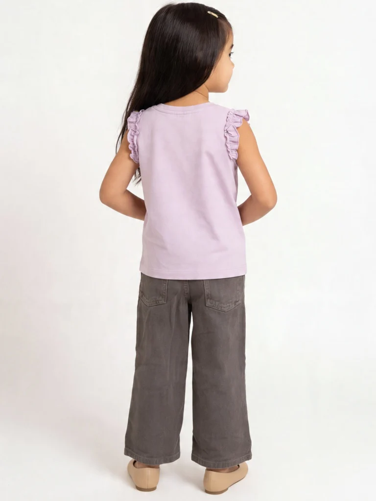 HOP Kids Girls Taupe Floral Applique Wide Leg Jeans - Image 2