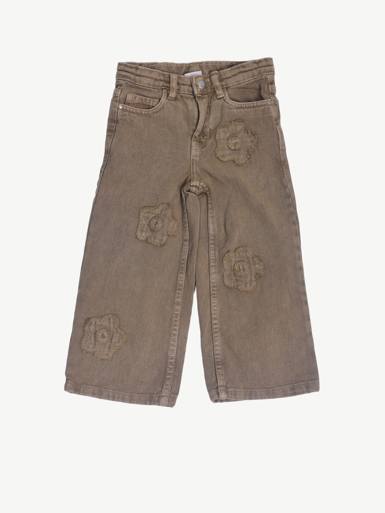 HOP Kids Girls Taupe Floral Applique Wide Leg Jeans - Image 3