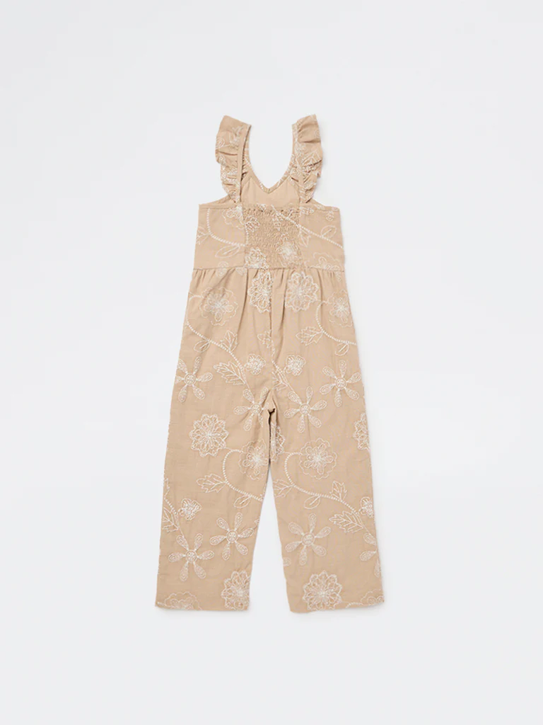 HOP Kids Girls Taupe Floral Embroidered Cotton Jumpsuit - Image 4