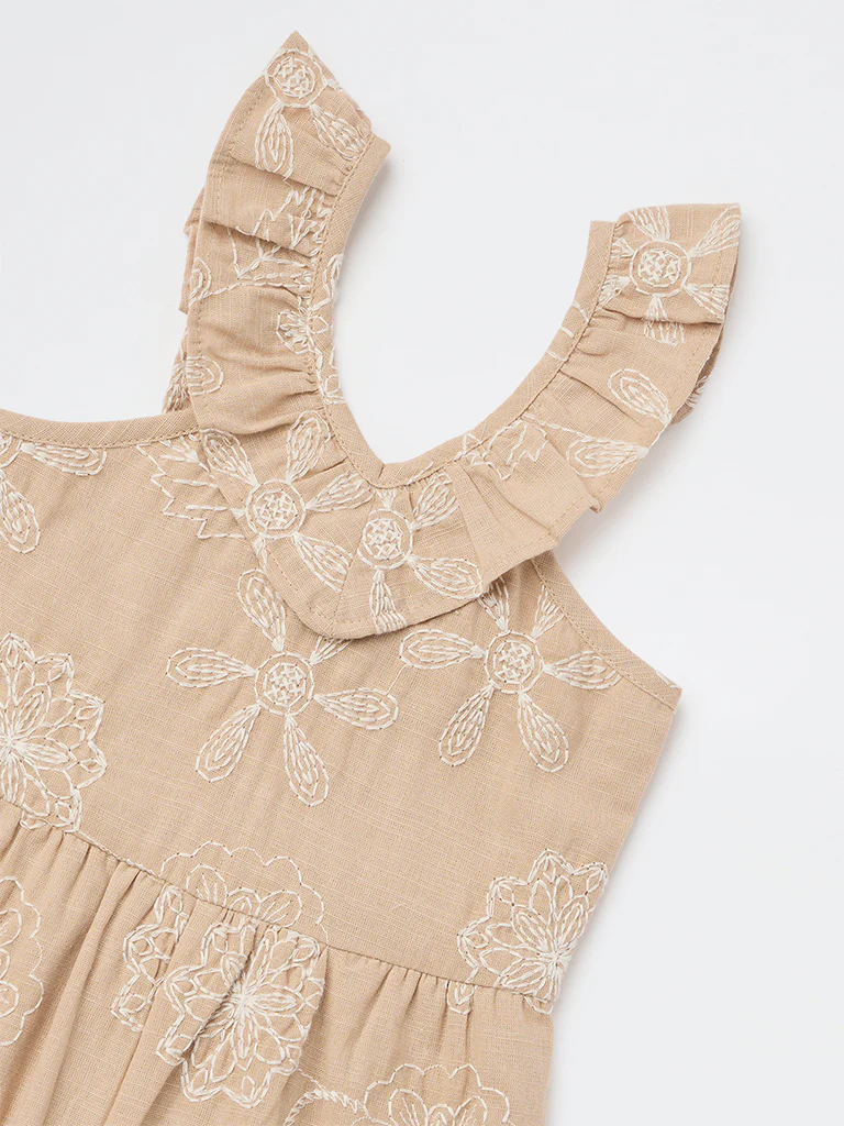 HOP Kids Girls Taupe Floral Embroidered Cotton Jumpsuit - Image 5