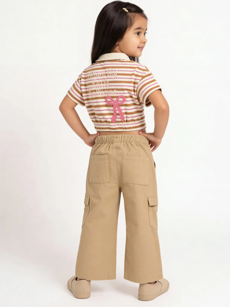 HOP Kids Girls Taupe Mid-Rise Embroidered High-Rise Cotton Trousers - Image 2