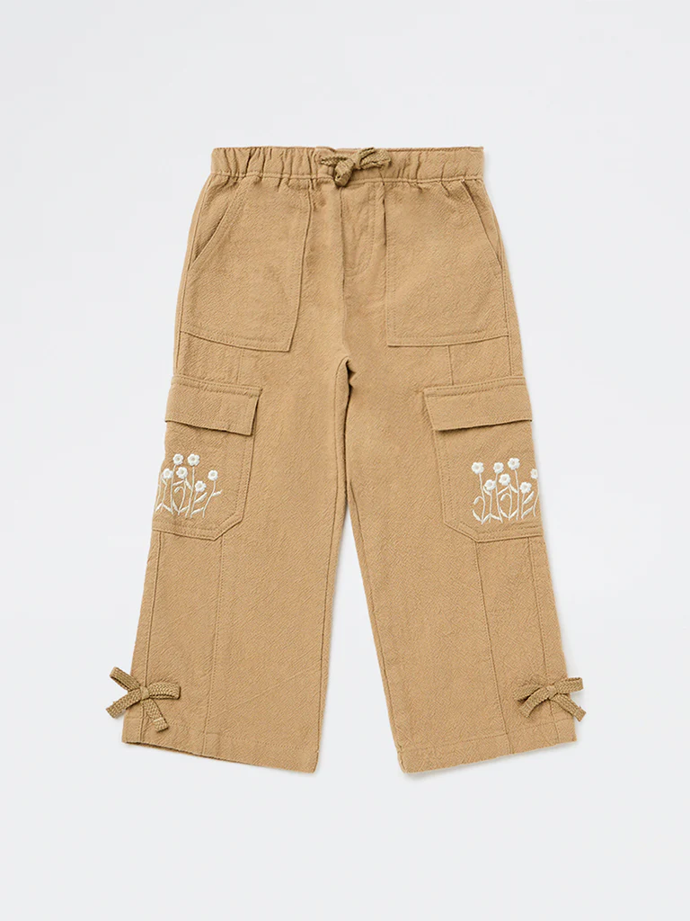 HOP Kids Girls Taupe Mid-Rise Embroidered High-Rise Cotton Trousers - Image 3