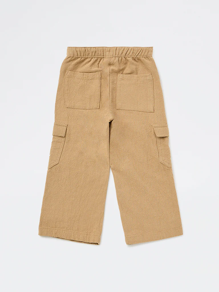 HOP Kids Girls Taupe Mid-Rise Embroidered High-Rise Cotton Trousers - Image 4