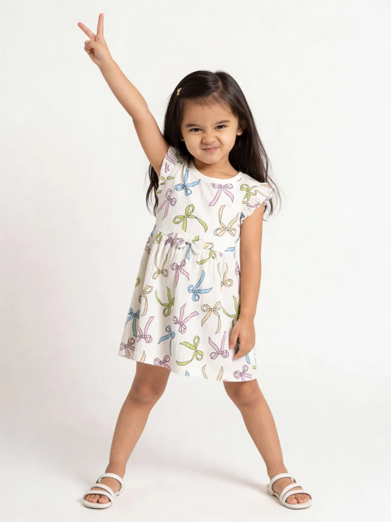 HOP Kids Girls White Bow Printed A-Line Cotton-Blend Dress