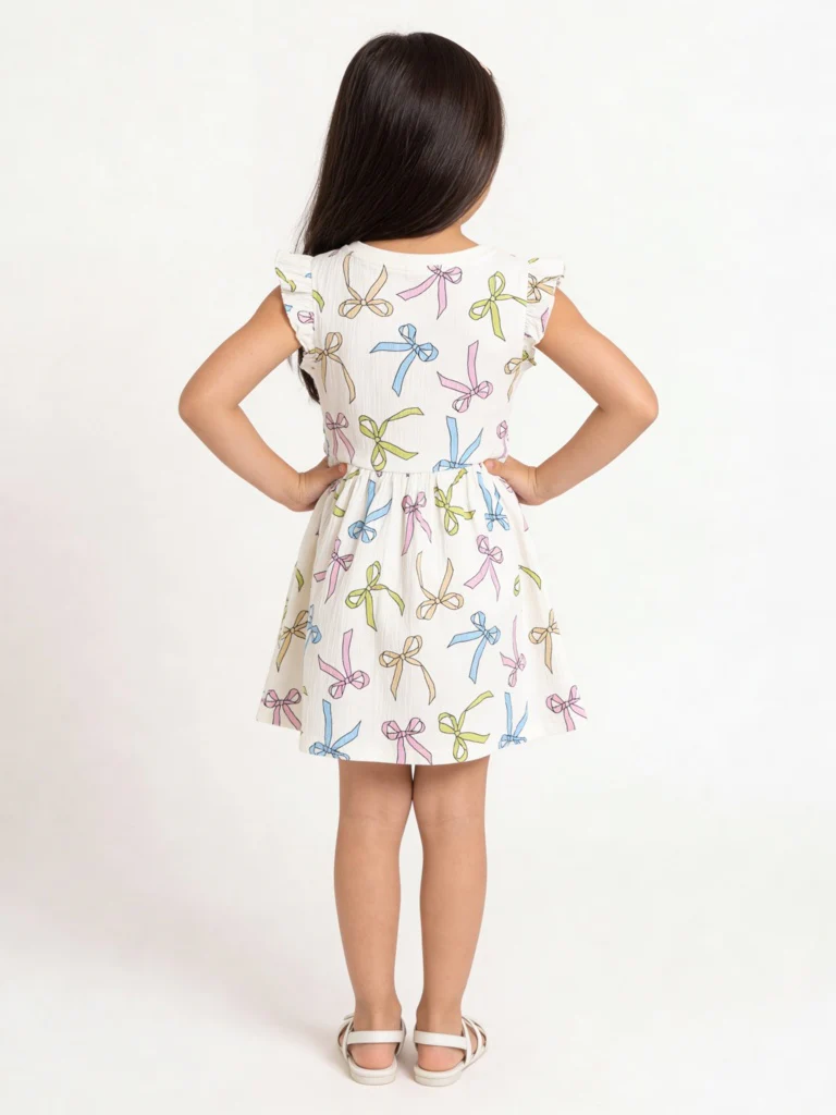 HOP Kids Girls White Bow Printed A-Line Cotton-Blend Dress - Image 3