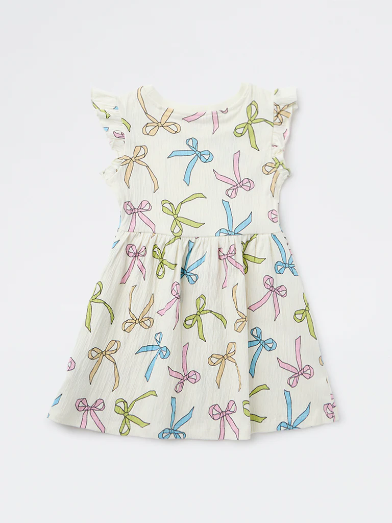 HOP Kids Girls White Bow Printed A-Line Cotton-Blend Dress - Image 5