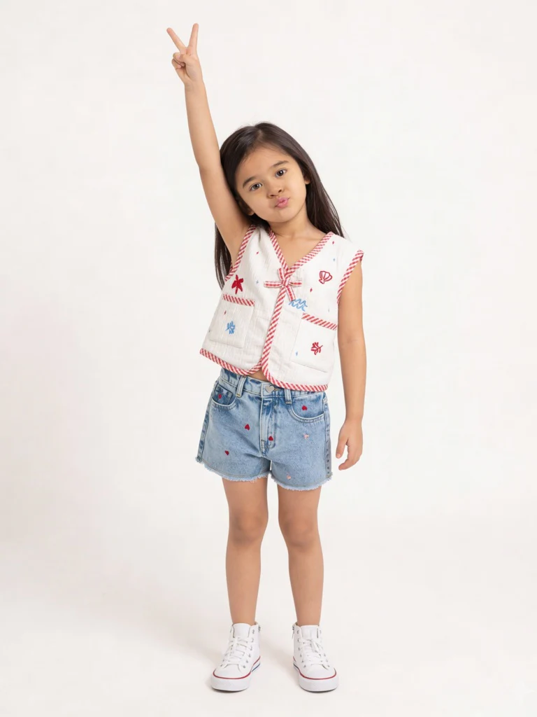 HOP Kids Girls White Checkered Cotton Waistcoat